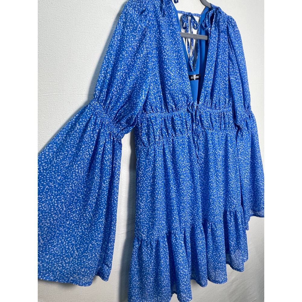Missguided Blue Floral Flowy Mini Dress Size 8 Medium Bell Sleeve Boho - Picture 8 of 10
